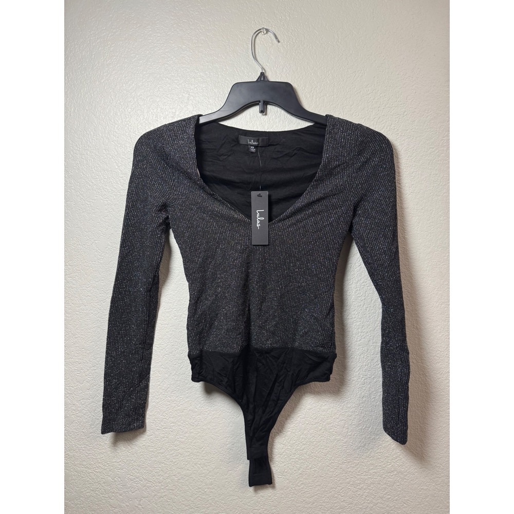 Lulus Metallic Silver Black Ribbed Long Sleeve V-Neck Thong Bodysuit NWT XS